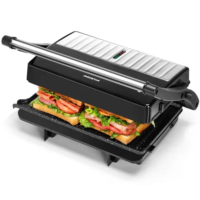 Aigostar York Pro - Sandwicheras y Panini, Parrilla Eléctrica, Grill con Placas Antiadherentes, 1000W, Apertura de 180º Dos Superficies de Cocinado de 23 x 14.5cm, Pinza de Cierre. – Imagen 1