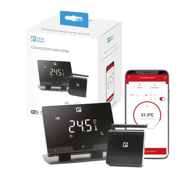 Garza - Termostato de 2 Hilos Wi-Fi Inteligente para Caldera y Calefacción, con Adaptador, Medidor Consumo, Control táctil, Detección Ventanas Abiertas, Control App y Voz, Alexa/Google