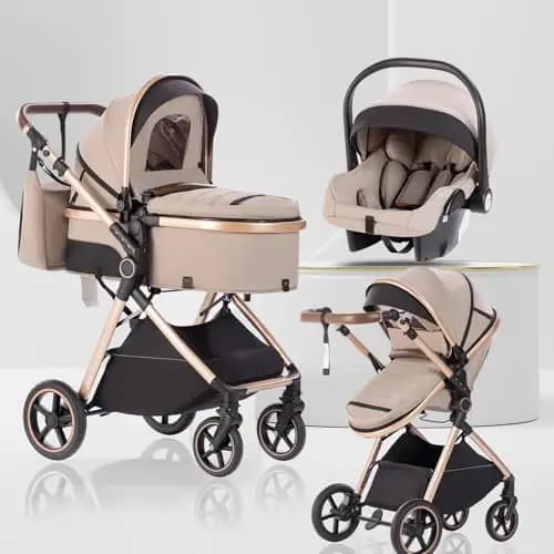 Cochecito Bebe 3 Piezas con Capazo, Sistema de Viaje's Capazo es Plegable, Carrito de Bebé Mang es Ajustable, las Ruedas son de Material PU, para 0-3 Años-Caqui-Beige
