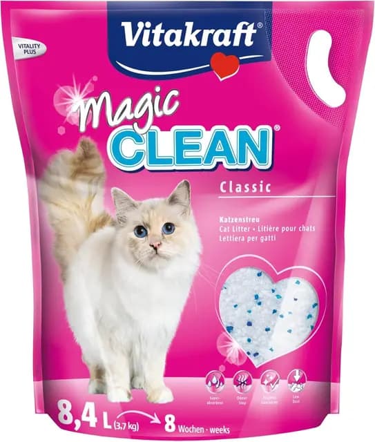 Vitakraft Magic Clean Classic, Arena no aglomerante para Gatos, Fabricada con microesferas minerales, inhibe Las bacterias, Especialmente Baja en Polvo, Tiene una duración de 8 semanas (1x 8,4l)