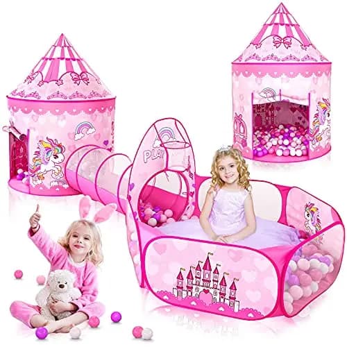 Wilwolfer Tienda de Campaña Infantil Pop-up+Túnel de Juego Infantil+Piscina de Bolas Bebé - 3-en-1 Tienda de Juego para Niños Niñas - Gran Casita Infantil Interior y Exterior