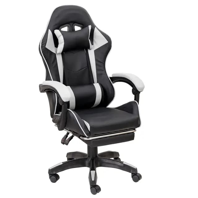 Baroni Home Silla Gaming con Respaldo Ergonómico Inclinable y Altura Regulable, Silla de Oficina con Soporte Lumbar, Reposacabezas Acolchado y Reposapiés Extraíble, Blanco, 58x66x114-124 cm