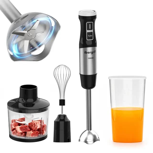 Ibergrif Batidora de Mano 1000W 4 en 1 de Acero Inoxidable para Uso Diario con Control de Velocidad Progresivo Botón Turbo y Accesorios de Cocina – Imagen 1
