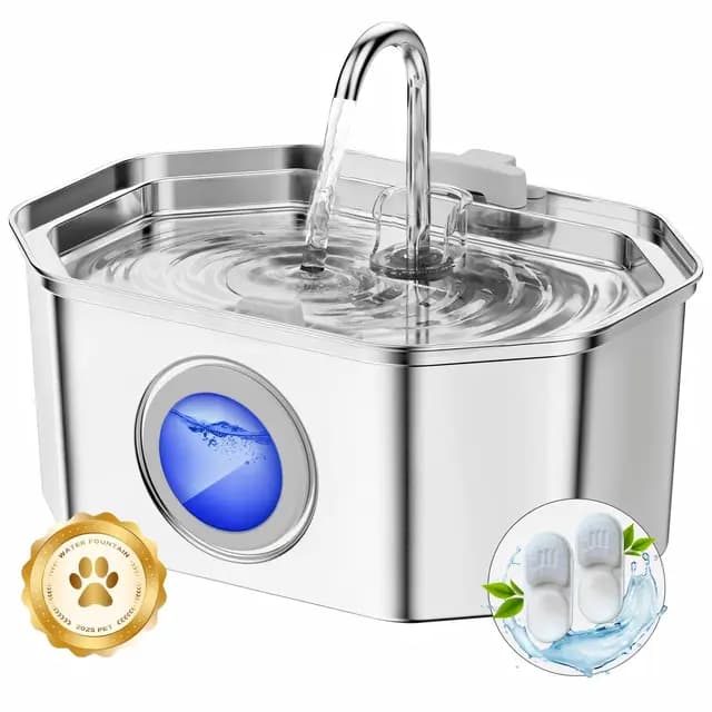 Apauk 3.2L Fuente para Gatos Acero Inoxidable, Bebedero Gatos, Silencioso Fuente de Agua para Gatos y Perros pequeños, con Ventana LED, Sistema de Filtro Multicapa(2 Filtros & 2 Esponjas)