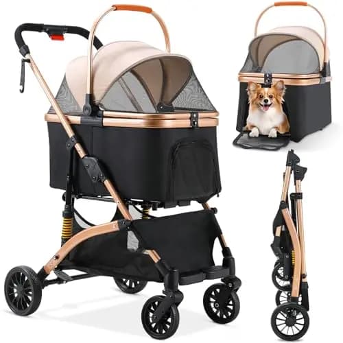 MAMIZO Carro para Perros 3 en 1,Cochecito Plegable con Cesta de Almacenamiento,Ventanas de Malla y Soporte para Bebidas,para Perros y Gatos,hasta 20 kg,4 Ruedas Giratorias 360°,Champán
