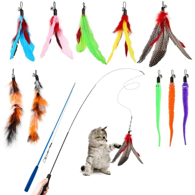 Hianjoo Juguete Pluma de Gato Interactivo 12 Piezas, 2 Varitas Divertidas Retráctiles y 10 Teaser de Plumas de Repuesto con Campana para Gatito Receptor Que se Divierte Jugando al Ejercicio