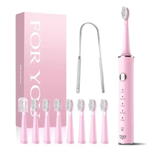 JTF Cepillo de Dientes Eléctrico Sónico – Limpieza Profunda para Encías Sensibles, 5 Modos, 45 Días de Batería, 8 Cabezales, IPX7 Impermeable, Temporizador Inteligente, Ideal para Viajes (Rosa) – Imagen 1