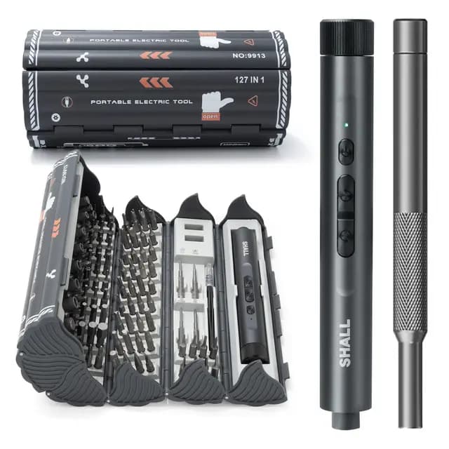 SHALL 127 piezas Mini-destornillador eléctrico-set, 120 piezas S2-bits con destornilladores eléctricos y manuales en estilo pin para computadoras portátiles, iPhones, gafas y electrónica