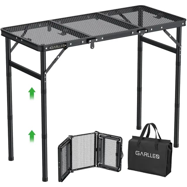 GARLLEN Mesa Plegable para Parrilla, Mesa de Picnic portátil de 3 Alturas Ajustables con Escritorio de Malla Resistente al Calor, Mesa de Camping de Aluminio Ligero para Exteriores, Barbacoa, Camping
