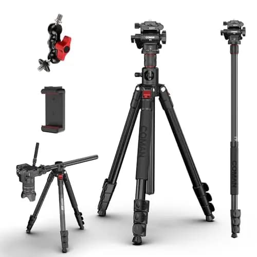 COMAN Trípode para Cámara Horizontal 181cm con Cabezal Hidráulico, Placa de Liberación Rápida y Monópode Desmontable, Adecuado para Cámaras SLR, Videocámaras Portátiles y Visores (KX3939MINI-V1)