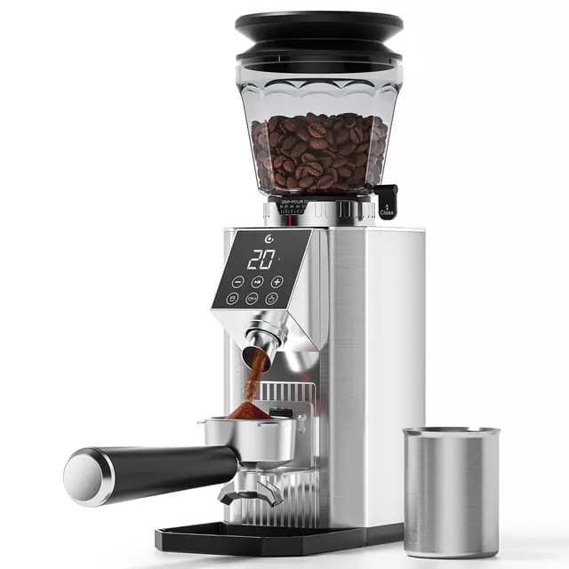 AMZCHEF Molinillo de Café Eléctrico para Espresso, 45 Ajustes de Molienda, Muelas Cónicas de Acero Inoxidable, Soporte para Portafiltros Ajustable, Panel Táctil LED, Tecnología Anti-Stática