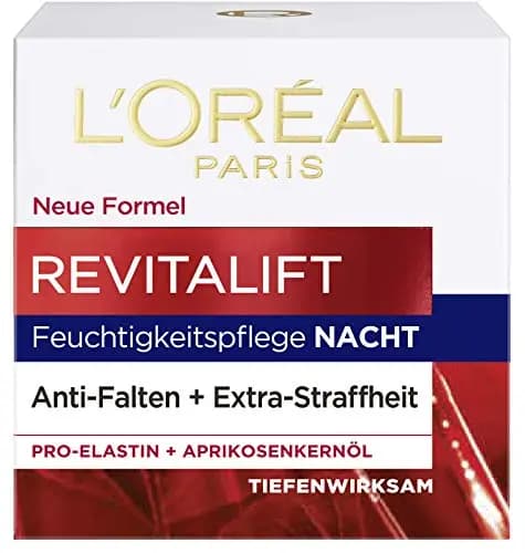 L'Oréal Paris Cuidado de noche Revitalift, cuidado facial antienvejecimiento, antiarrugas y extra firmeza, con proelastina y aceite de hueso de albaricoque, 50 ml