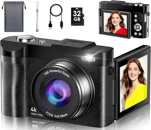 Cámara Digital, 4K 50MP Camara de Fotos 16X Zoom, Cámara Compacta con Pantalla Flip De 180° De 2,8", Autofocus Vlogging Cámara con 32GB, Recargable Fotográfica para Principiantes, Adolescentes