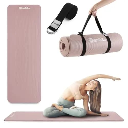 HyperMotion Esterilla Yoga NBR 183x61x1,5 cm Rose empolvado, Grosor 15 mm Antideslizante, con Correa para Transporte y Estiramientos, Colchoneta Fitness para Pilates y Relajación