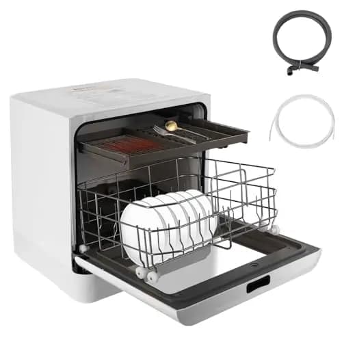 Lavavajillas de mesa de 800 W, lavavajillas con pantalla LED, lavavajillas con 4 programas de lavado, mini lavavajillas sin conexión de agua, para casas pequeñas, dormitorios, blanco