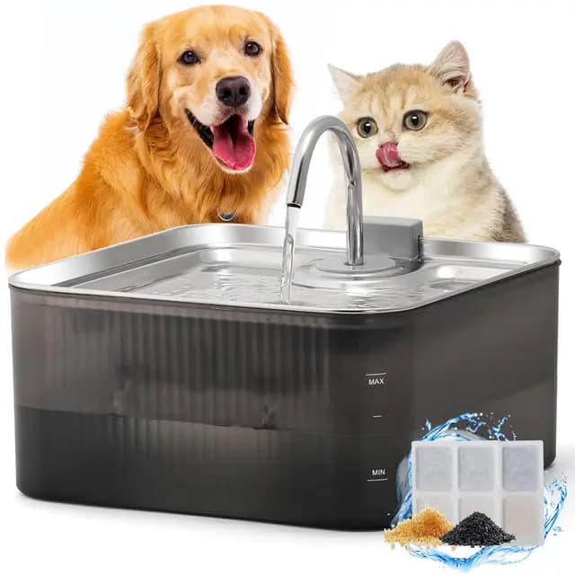 FUKUMARU Fuente para Perros y Gatos de 7 L con filtración de 5 Capas, de Acero Inoxidable con Bomba silenciosa, con protección contra sobrecarga, para Perros Grandes/Varios Gatos, con 3 filtros
