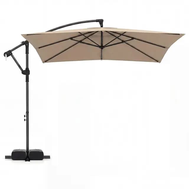 COSTWAY Sombrilla Terraza Exterior con Base, Parasol Excentrico con 8 Varillas de Metal, Rotación de 360°, Manivela, Base en Cruz y Sacos de Arena, Sombrilla Jardín Grande(250 x 250 cm(sin Luz),Café)