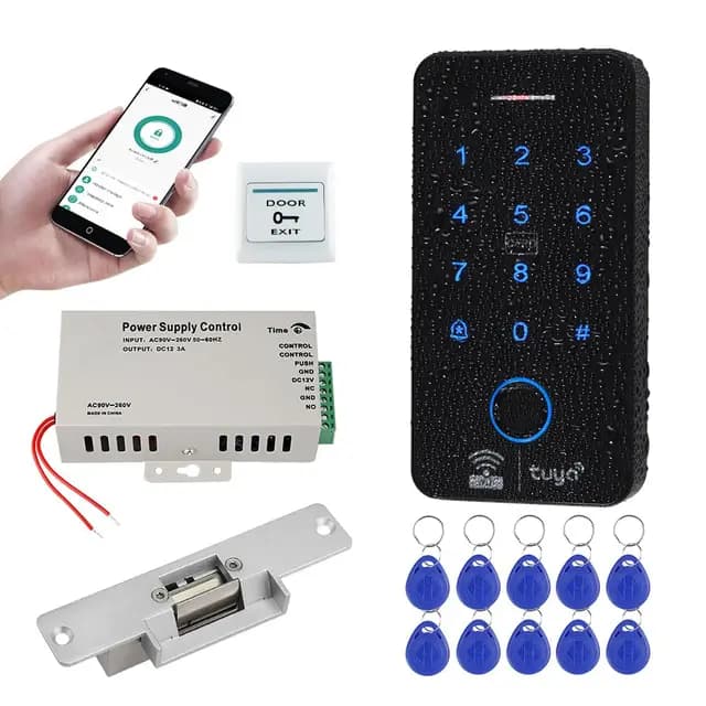 Kit de Sistema de Control de Acceso WiFi Tuya Teclado RFID Biométrico Impermeable 125KHz 13,56 MHz con Cerradura de Puerta Eléctrica, Fuente de Alimentación DC12V + 10 Llaves
