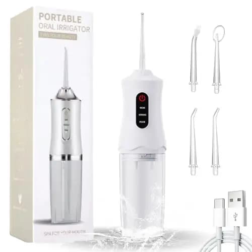 Irrigador Dental Portatil Bucal, Water Flosser, Impermeable Irrigador-Dental, Recargable Irrigadores Dentales, Limpiador Dientes Agua Presion 4 Boquillas 1 Cable de Carga-Blanco