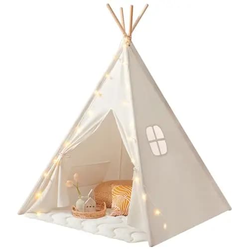 Tiny Land Tipi Infantil con Alfombra Acolchada & Luces - Tienda de Campaña Infantil para Niños, Casita de Juegos Interior y Exterior, Cabaña de Tela Decoración Habitación Bebé, Regalo 3 Años+