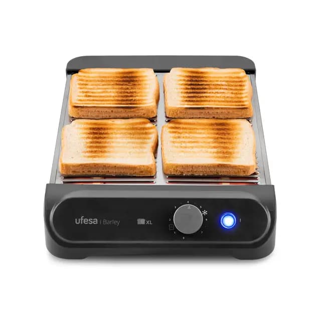Ufesa Tostador Plano Barley, 900W con 3 Resistencias de Cuarzo, Tostador Horizontal de Acero Inoxidable, Tamaño XL para 4 Rebanadas, 7 Niveles, Recalentar y Descongelar, Bandeja Recogemigas, Bollería