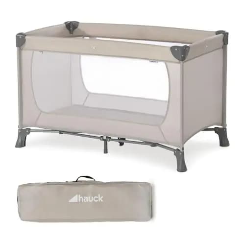 hauck Dream N Play Children's Travel Cot from Birth up to 15 kg, Small Foldable incl. Carry Bag and Folding Base, Lying Surface 120 x 60 cm (Beige)