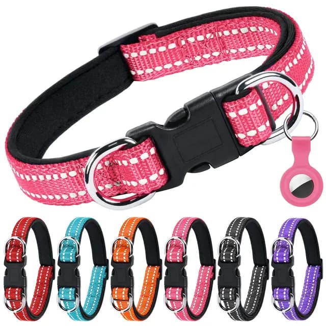 AUAUY Collar Perro Nylon Reflectante, Ajustable, Neopreno Forrado, Anillo Doble D y Hebilla de Liberación Rápida, para Perros Pequeños, Medianos y Grandes (Rosa Roja-S)