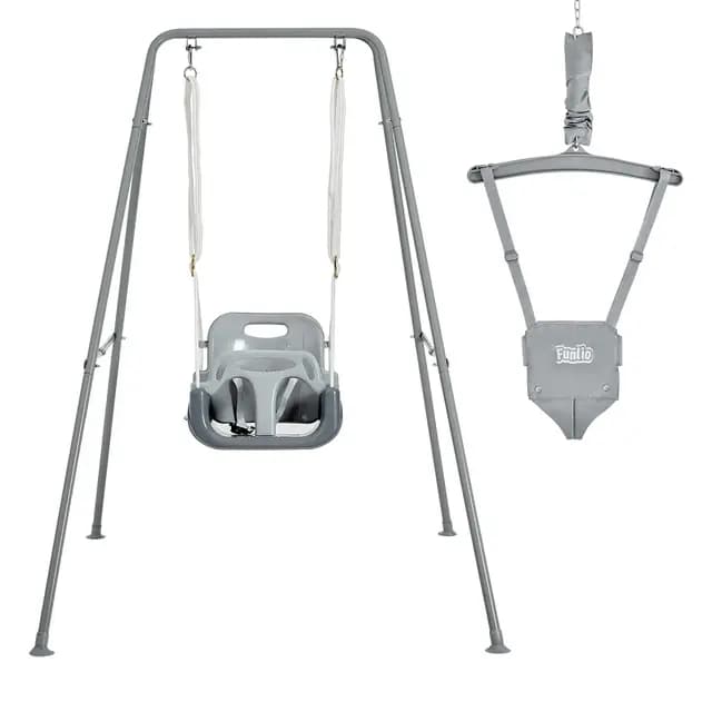 FUNLIO Juego de Columpios 2 en 1 con Saltador de Puerta para Bebés, Columpio y Rebotador para Niños de con 4 Bolsas de Arena, Soporte de Metal Plegable en Interiores/Exteriores, Fácil de Armar - Gris
