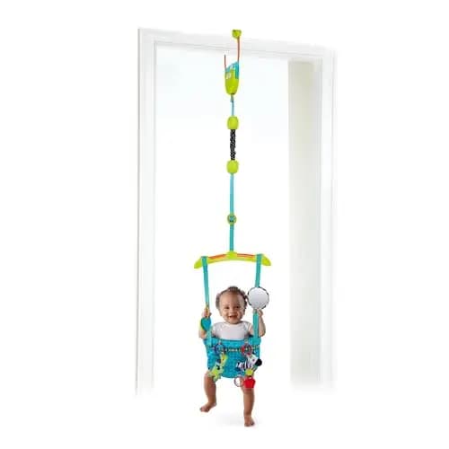 Bright Starts, Saltador de Puerta y Columpio Interior Bounce 'n Spring Deluxe con 4 juguetes de actividad, correa ajustable, asiento lavable, a partir de 6 meses