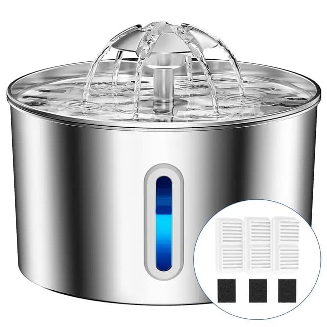 Fuente para Gatos Acero Inoxidable, 2,2L Bebedero Gatos con Cable Filtración Cuádruple, Ultra Silencioso, Fácil de Limpiar, con LED 3 Filtros y 3 Esponjas