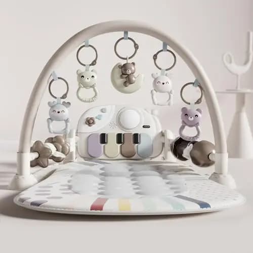 Gimnasio De Juegos Para Bebe con Piano, Alfombra de Gateo con Luces y Sonidos, Manta de Juego con Arco de Juego y 5 Juguetes Extraíbles para Bebés, Alfombrilla de Fitness Kick Piano para 0-36 Meses