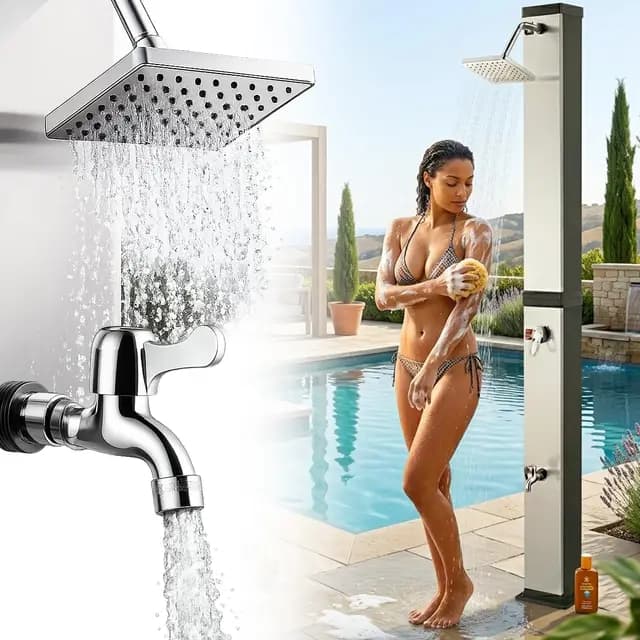 Ducha Solar de Jardín Exterior 40 litros hasta 60° C y Grifo - Conexión de Manguera de Jardín - Cabezal de Ducha Regulable - para Piscina Camping Vacaciones Playa - Ocean en Negro/Plata