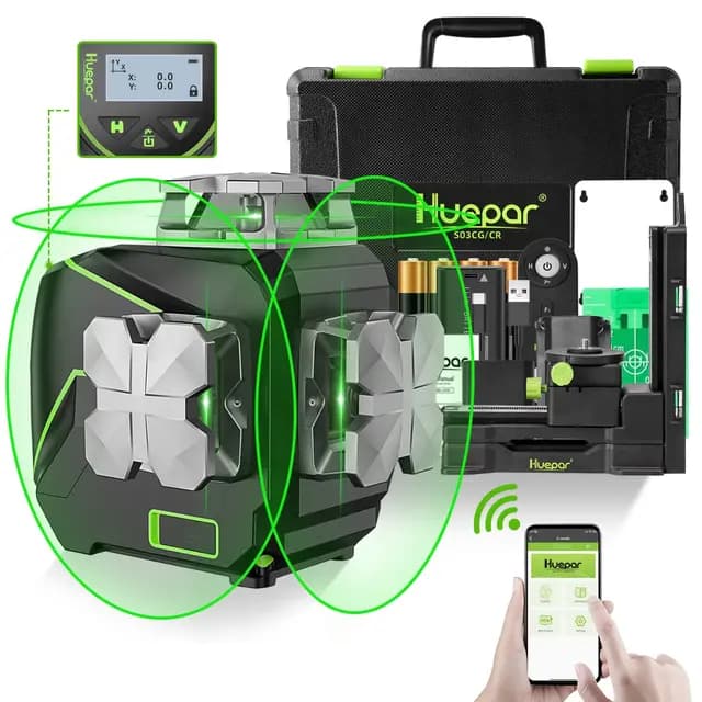 Nivel Láser 3x360 ° Huepar, Autonivelante con Pantalla LCD, 3D Conectado por Bluetooth, Herramienta Láser Línea cruzada de haz Verde, Línea láser Horizontal/Vertical-Control Remoto Incluye S03CG