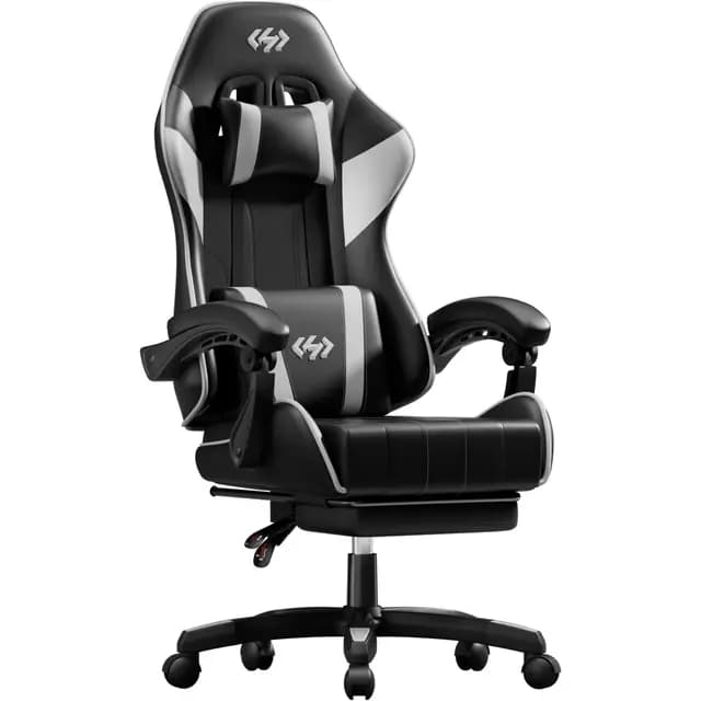 HLFURNIEU Silla Gaming Ergonómica, Silla Gamer con Reposacabezas y Reposapiés Retráctil, Cadeira Gaming con Soporte Lumbar, Sillon Gamer Altura Ajustable, Negro y Blanco