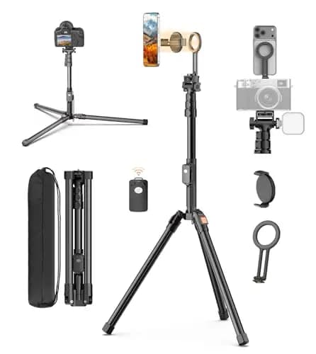 XXZU 187cm Magnético Tripode para Movil, Tripode Camara Ligero con Control Remoto y Soporte Magnético, Aluminio Trípode para Teléfono portátil, Trípode de Viaje para iPhone/Android/Cámara/Webcam
