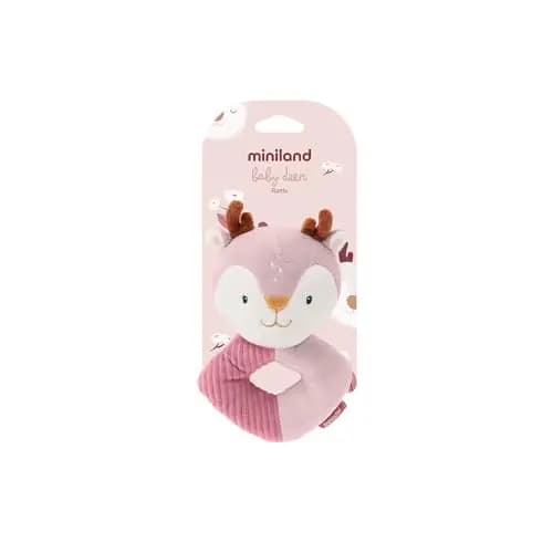 Miniland Peluche bebé sonajero para neonato suave de tela rosa | Ciervo | ligero y fácil de agarrar, estimulación sensorial temprana, ideal como regalo para recién nacido