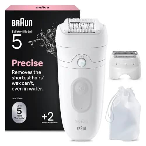 Braun Silk-épil 5, Depiladora Eléctrica Mujer para Una Eliminación del Vello Fácil, Depilación en Seco Y en Mojado, con Cabezal de Rasuradora, Piel Suave Duradera, 5-041, Blanco/Gris