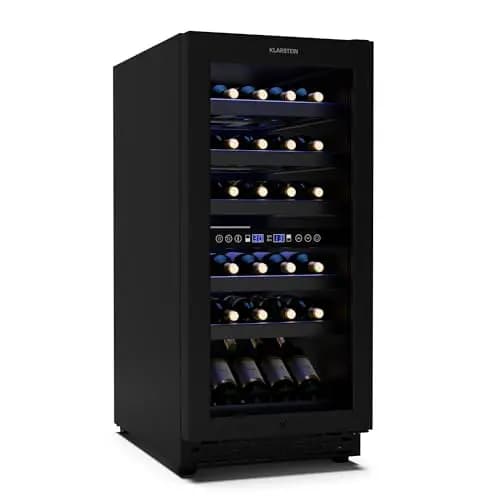 KLARSTEIN Vinovilla 30 Duo nevera para vino 2 zonas - 32 botellas, 5-18°C, LED-Touch, Silencioso 39 dB, negro mate, empotrable, refrigerador de vino Iluminado