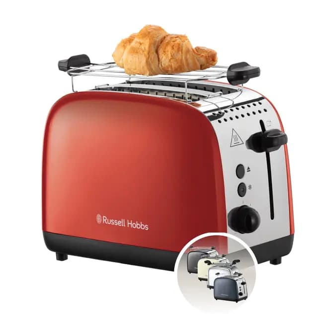 Russell Hobbs Tostadora Colours Plus, 2 Ranuras Cortas y Anchas, Tostador para 2 Rebanadas, Bandeja Recogemigas, Calientapanecillos, Función Cancelar y Descongelar, Acero Inoxidable, Rojo, 26554-56