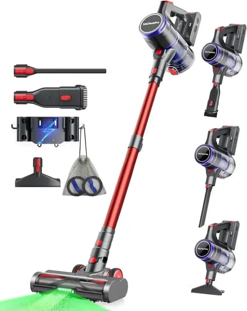 VACTechPro 55KPa/600W/70Min Aspiradora sin Cable, 1.6L Escoba Aspirador sin Cable con Filtración de 8 Capas, Súper Silencioso Aspirador Vertical con Cepillo Antienredos, Aspiradora, Rojo