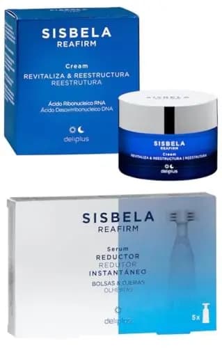 Pack 2 - Crema Facial Revitaliza y Reestructura 50 ml. con ácido Ribonucleico RNA todo tipo de pieles + Sérum Reductor Instantáneo de bolsas y ojeras Sisbela Reafirm. 5 x 2 ml. (10 ml.). Deliplus