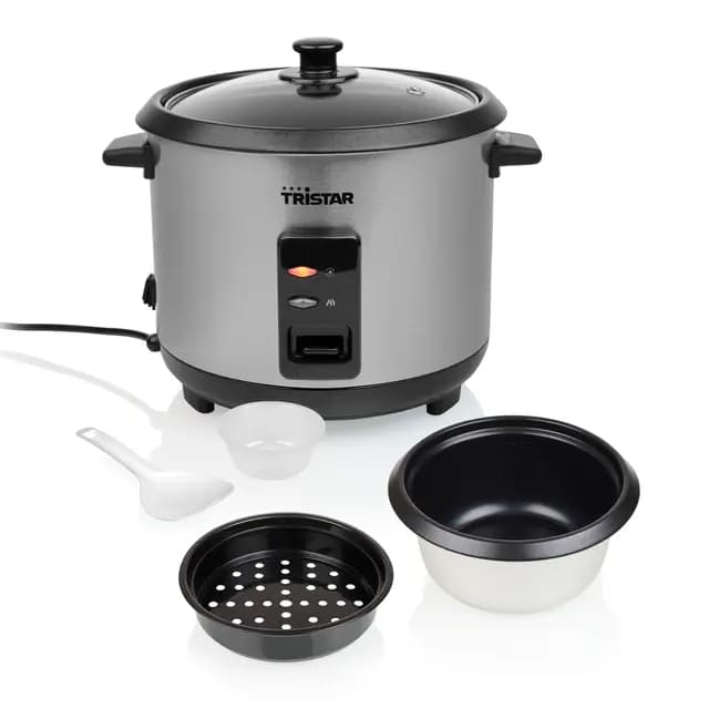 Tristar Olla Arrocera, 1,5 L de Capacidad, Carcasa de Acero Inoxidable, Bandeja de Vapor, Apagado Automático, Función Mantener Caliente, 500 W, RK-6145