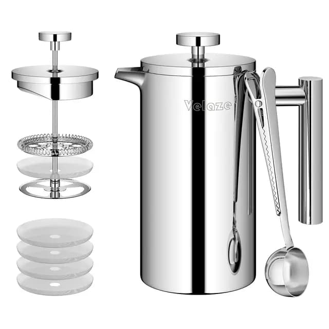 Velaze - Cafetera de émbolo (acero inoxidable, 350 ml, para 2 tazas, doble pared, cafetera, con 5 flitros y cuchara-S