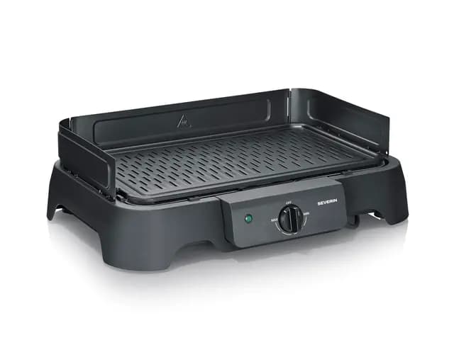 Severin Barbacoa eléctrica, 2000 W, temperatura de 40 a 220 °C, 39 x 23 cm, plancha con revestimiento cerámico sin PFAS, protector contra viento, bandeja extraíble, interior y exterior, Negro, PG 8595