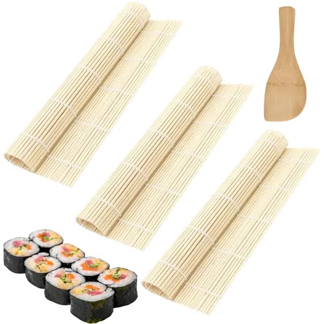 Kit Sushi de 3 Piezas, Esterilla de Sushi de Bambú Natural, Hecho a Mano, Incluye Cuchara de Arroz, Perfecto para Principiantes y Profesionales