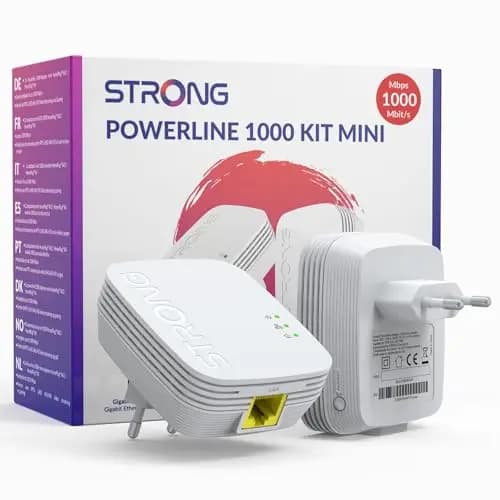 STRONG AV1000 Adaptador Powerline Set, PLC HomePlug AV2, Sin WiFi, Plug & Play, Modo de Ahorro de Energía, Puertos LAN 100 Mbit/s, Seguridad con Un Botón, Internet por Red Electrica