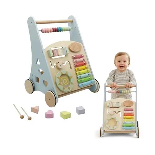 Buddy Baby - Andador de Madera Montessori - Desde 12 meses - Panel interactivo (xilófono, puzzle, espejo, engranajes) - Cajón trasero - Ruedas goma antideslizantes - No daña el suelo