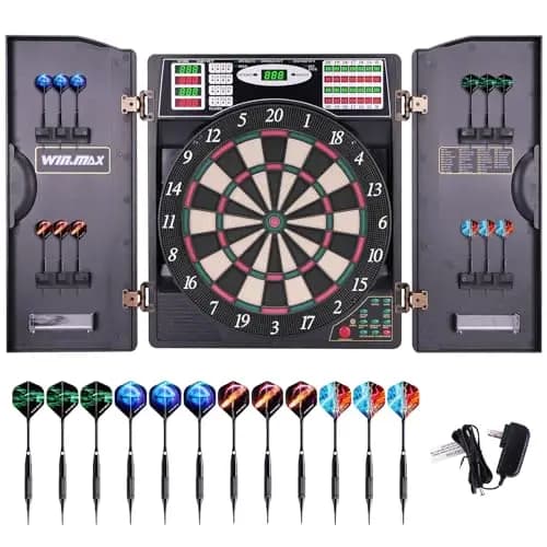 WIN.MAX Diana electrónica profesional con 65 variantes para 1 a 8 jugadores con 12 dardos + 12 plumas Pro 100 accesorios