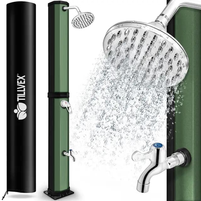 tillvex Ducha Solar con Cubierta Protectora | Ducha Solar de jardín Agua Caliente | Ducha de Piscina sin conexión eléctrica | con Grifo y Cabezal de Ducha de Lluvia (Negro/Verde, 35 litros)