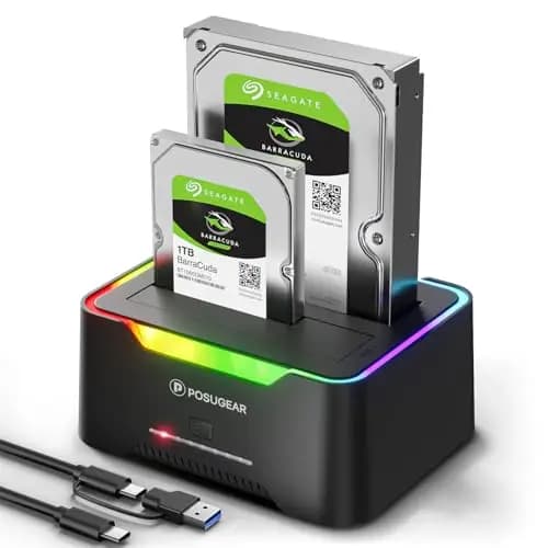 POSUGEAR Estación de Acoplamiento de Disco Duro USB 3.2 Gen 1 Base de Conexión para SATA HDD/SSD de 2.5"/3.5", Doble Bahía, Soporte de Clones Fuera de Línea, hasta 40 TB con UASP